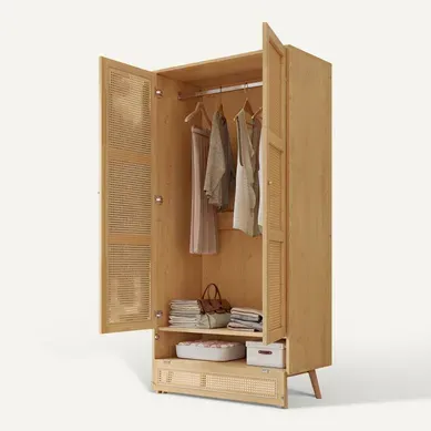 Armoire Avec Tringle, 2 Portes, Couvercle Bas Relevable, En Bois Et Rotin Pe Naturel Armoire Avec Tringle, 2 Portes, Couvercle Bas Relevable, En Bois Et Rotin Pe Naturel