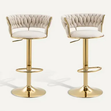 Lot De 2 Tabourets De Bar Rotatifs 360°, En Velours, Assise Réglable, Base Dorée, Ivoire