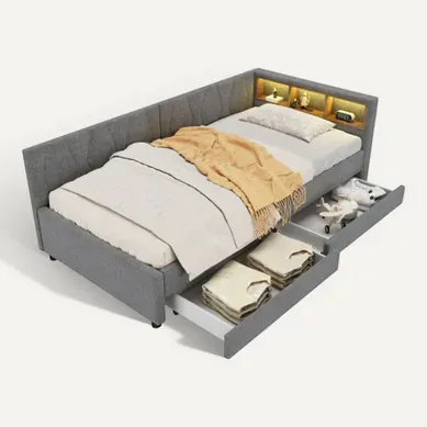 Lit Enfant 90x200 Cm, Tête De Lit De Rangement à LED Et 2 Tiroirs, Avec Lattes, En Lin, Gris