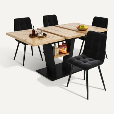 Ensemble Table Et Chaises, Table à Manger 118-157 Cm Avec Pieds Métal Et 4 Chaises En Velours Noir Ensemble Table Et Chaises, Table à Manger 118-157 Cm Avec Pieds Métal Et 4 Chaises En Velours Noir