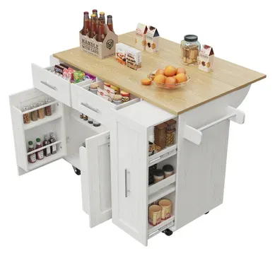 Desserte De Cuisine à Roulettes Avec Plateau Rabattable, En Mdf Et Métal, Blanc Desserte De Cuisine à Roulettes Avec Plateau Rabattable, En Mdf Et Métal, Blanc