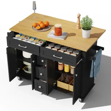 Desserte De Cuisine à 5 Roulettes Avec Plateau Extensible, En Mdf, Noir Et Naturel Desserte De Cuisine à 5 Roulettes Avec Plateau Extensible, En Mdf, Noir Et Naturel