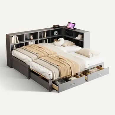 Lit Gigogne 90/180x190 Cm, Avec 2 Tiroirs, Avec Sommier à Lattes, En Bois, Gris Lit Gigogne 90/180x190 Cm, Avec 2 Tiroirs, Avec Sommier à Lattes, En Bois, Gris