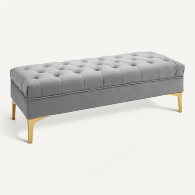 Banc Avec Assise Capitonnée, Pieds Dorés, En Bois, Gris Clair, 118x45x42 Cm