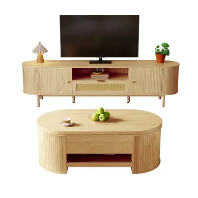 Ensemble De Meuble TV Et Table Basse, 1 Tiroir En Rotin, Niche Ouverte, Bois