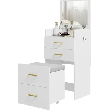 Coiffeuse Blanche 3-en-1 Avec Miroir, Table De Chevet, Tabouret à Roulettes Et Tiroirs