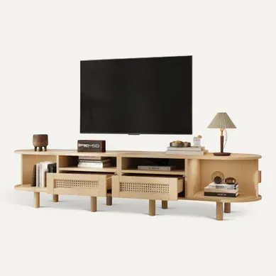 Meuble TV 170 Cm Avec 2 Portes Coulissantes, 2 Tiroirs, 2 Niches Ouvertes, Couleur Bois Meuble TV 170 Cm Avec 2 Portes Coulissantes, 2 Tiroirs, 2 Niches Ouvertes, Couleur Bois