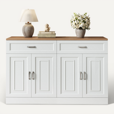Buffet Blanc Et Bois 120x35x80,5 Cm – 4 Portes, 2 Tiroirs