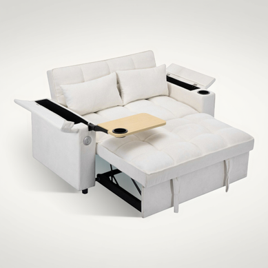 Canapé Convertible 2 Places Beige Avec Tablette Dissimulée, Port USB Et Rangements Canapé Convertible 2 Places Beige Avec Tablette Dissimulée, Port USB Et Rangements