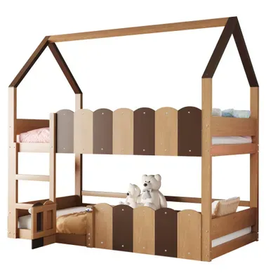 Lit Superposé 90x200 Cm, En Forme De Maison, Pas De Lattes Sur Le Lit Inférieur, Bois Naturel Lit Superposé 90x200 Cm, En Forme De Maison, Pas De Lattes Sur Le Lit Inférieur, Bois Naturel