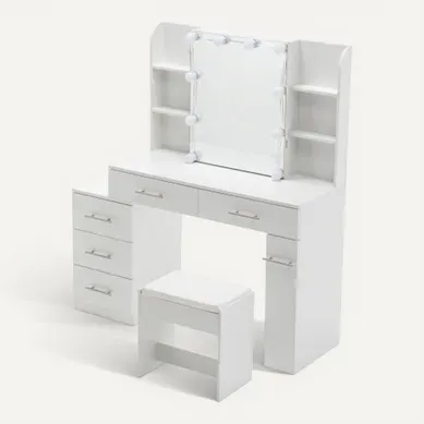 Coiffeuse Blanche Avec Miroir Coulissant Et Tabouret, 100x40.5x136 Cm Coiffeuse Blanche Avec Miroir Coulissant Et Tabouret, 100x40.5x136 Cm