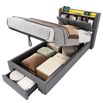 Lit Coffre 90x190 Cm Avec Tiroir, 2 Prises Électriques Et USB, LED, En Velours Gris Foncé Lit Coffre 90x190 Cm Avec Tiroir, 2 Prises Électriques Et USB, LED, En Velours Gris Foncé
