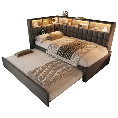 Lit Gigogne 90x200 Cm Et 90x190 Cm, Tête De Lit De Rangement Avec LED Et Ports USB Et Type-c, Gris Lit Gigogne 90x200 Cm Et 90x190 Cm, Tête De Lit De Rangement Avec LED Et Ports USB Et Type-c, Gris