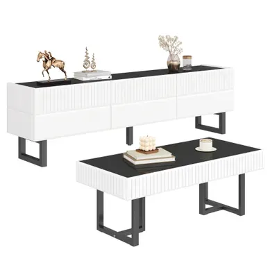 Sejour complet, Ensemble De Meuble TV Et Table Basse, Bureau à Finition Brillante, Noir Et Blanc