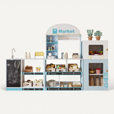Magasin De Jeu Enfant Bleu 30 X 155 X 107,5 Cm Avec étagères, Réfrigérateur Et Tableau Magasin De Jeu Enfant Bleu 30 X 155 X 107,5 Cm Avec étagères, Réfrigérateur Et Tableau