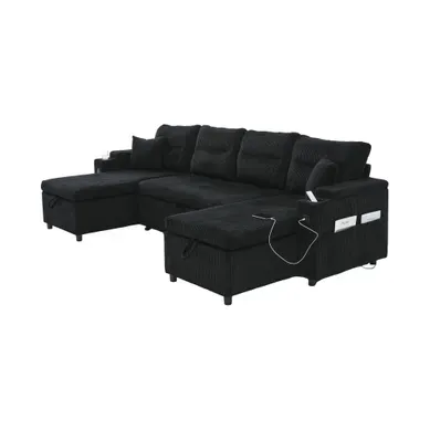 Canapé D'angle Convertible 4 Places En Velours Côtelé Avec Rangements Et USB, Noir Canapé D'angle Convertible 4 Places En Velours Côtelé Avec Rangements Et USB, Noir