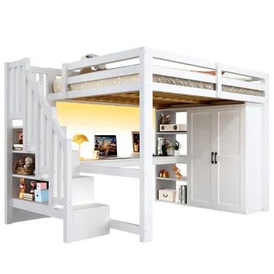 Lit Mezzanine 140x200 Cm Avec Bureau, Rangement Et LED, En Mdf Et Bois, Blanc Lit Mezzanine 140x200 Cm Avec Bureau, Rangement Et LED, En Mdf Et Bois, Blanc