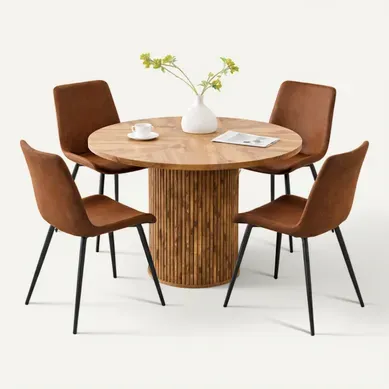 Ensemble Table Et Chaises, Table à Manger 100 Cm Avec Pieds En Mdf Et 4 Chaises Tissu Marron Ensemble Table Et Chaises, Table à Manger 100 Cm Avec Pieds En Mdf Et 4 Chaises Tissu Marron