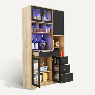 Buffet De Cuisine Noir Et Naturel 185x100x40 Cm Avec LED Multicolore, Prises/usb, Portes En Verre Buffet De Cuisine Noir Et Naturel 185x100x40 Cm Avec LED Multicolore, Prises/usb, Portes En Verre