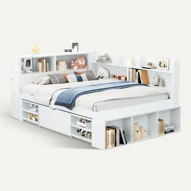 Lit Enfant 140x190 Cm Avec Tiroirs Et Rangements, Avec Sommier à Lattes, Blanc Lit Enfant 140x190 Cm Avec Tiroirs Et Rangements, Avec Sommier à Lattes, Blanc