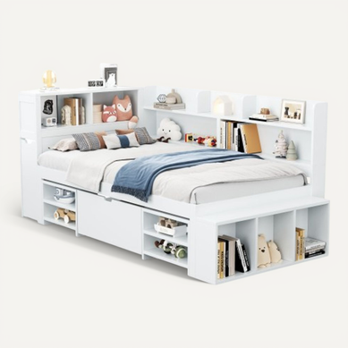 Lit Enfant 90x190 Cm, Avec Tiroirs Et Étagères, Avec Sommier à Lattes, En Bois, Blanc Lit Enfant 90x190 Cm, Avec Tiroirs Et Étagères, Avec Sommier à Lattes, En Bois, Blanc