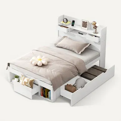 Lit Enfant 90x190 Cm, Lit Avec Rangement Et Ports USB Et Type-c, Avec Sommier à Lattes, Blanc Lit Enfant 90x190 Cm, Lit Avec Rangement Et Ports USB Et Type-c, Avec Sommier à Lattes, Blanc