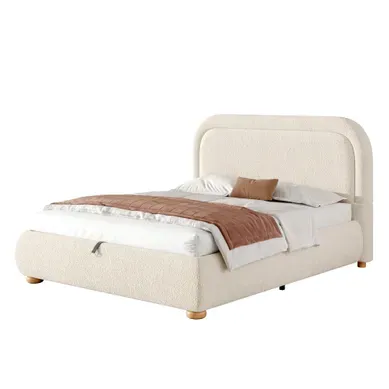Lit Coffre 140x190 Cm Avec Sommier à Lattes Et Tête De Lit Arrondie, En Boucle, Beige Lit Coffre 140x190 Cm Avec Sommier à Lattes Et Tête De Lit Arrondie, En Boucle, Beige