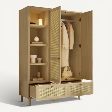 Armoire Adulte Avec Tringle, 2 Portes, 2 Tiroirs, étagères Ouvertes, Chêne Armoire Adulte Avec Tringle, 2 Portes, 2 Tiroirs, étagères Ouvertes, Chêne