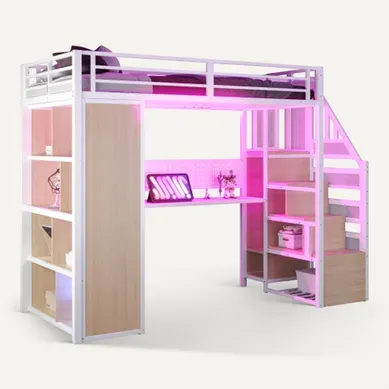 Lit Mezzanine 90x200 Cm Avec Bureau, Rangement Et LED, En Métal, Blanc Lit Mezzanine 90x200 Cm Avec Bureau, Rangement Et LED, En Métal, Blanc