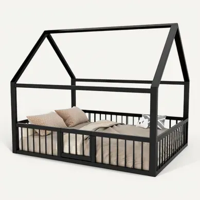 Lit Cabane 140x200 Cm, Lit Enfant Avec Barrières, En Métal Noir Lit Cabane 140x200 Cm, Lit Enfant Avec Barrières, En Métal Noir