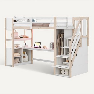 Lit Mezzanine 90x200 Cm, Avec Bureau Et Armoire, LED, En Bois, Blanc Lit Mezzanine 90x200 Cm, Avec Bureau Et Armoire, LED, En Bois, Blanc