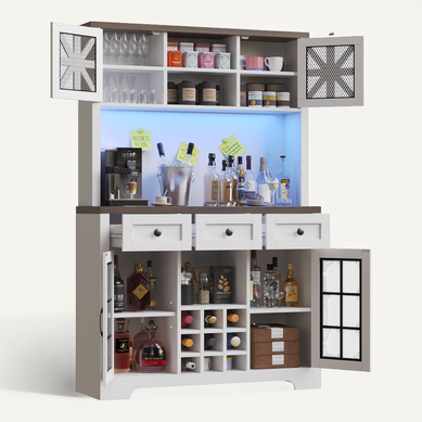 Buffet Haute De Cuisine LED 120x40x180 Cm Blanche Avec Portes En Verre Et Range-bouteilles