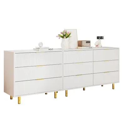 Commode à 9 Tiroirs Modulables, Design Minimaliste, Façades Texturées, En Mdf Blanc Et Doré Commode à 9 Tiroirs Modulables, Design Minimaliste, Façades Texturées, En Mdf Blanc Et Doré
