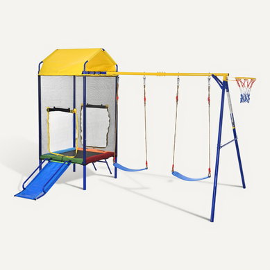 Aire De Jeux D'extérieure 4 En 1 Avec Trampoline, Double Balançoire, Toboggan Et Panier