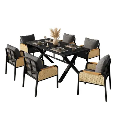 Ensemble Table Avec 6 Chaises, En Fer Et En Polyester, Noir Et Naturel Ensemble Table Avec 6 Chaises, En Fer Et En Polyester, Noir Et Naturel