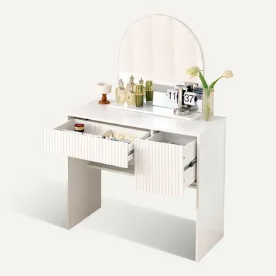 Coiffeuse Avec Miroir Incurvé, 2 Tiroirs Et étagère, Blanc, 90 X 40 X 135 Cm