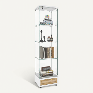 Vitrine En Verre Trempé Avec 1 Porte, 4 étagères, 2 Tiroirs, LED, Roulettes, Blanc Vitrine En Verre Trempé Avec 1 Porte, 4 étagères, 2 Tiroirs, LED, Roulettes, Blanc