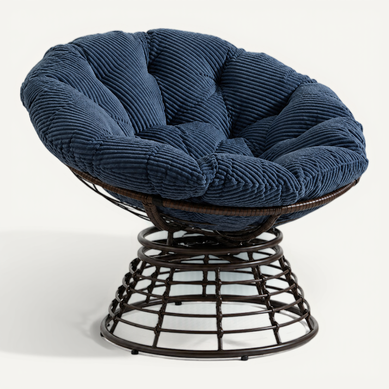 Fauteuil Papasan Pivotant à 360°, Coussin épais, En Acier Et Rotin Pe, Bleu Marine Fauteuil Papasan Pivotant à 360°, Coussin épais, En Acier Et Rotin Pe, Bleu Marine