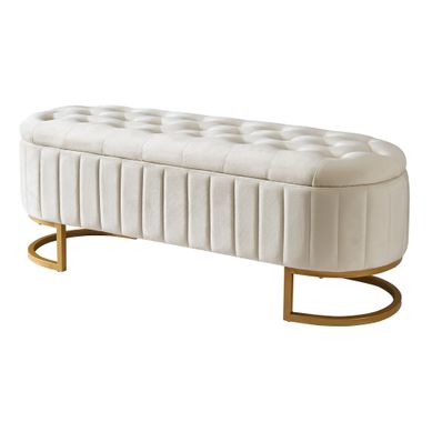 Banc Avec Rangement, Assise Rembourrée En Velours Beige, Pieds En Métal 120 Cm