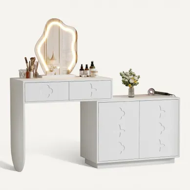 Coiffeuse Avec Miroir LED, 2 Tiroirs Et Armoire Latérale Réglable, Blanc, 160x40x132 Cm