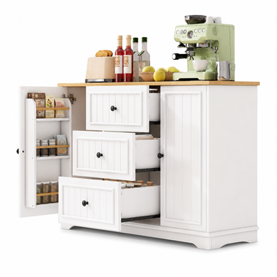 Buffet De Cuisine Avec 3 Tiroirs Et 2 Portes, étagères Réglables, En Mdf, Blanc Et Bois Clair Buffet De Cuisine Avec 3 Tiroirs Et 2 Portes, étagères Réglables, En Mdf, Blanc Et Bois Clair