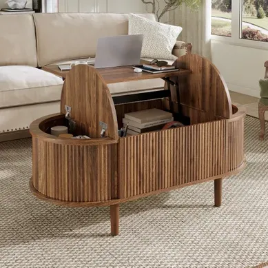 Table Basse Relevable Ovale Avec Rangement, Finition Noyer Et Pieds En Mdf Table Basse Relevable Ovale Avec Rangement, Finition Noyer Et Pieds En Mdf