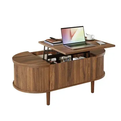 Table Basse Relevable Ovale Avec Rangement, Finition Noyer Et Pieds En Mdf Table Basse Relevable Ovale Avec Rangement, Finition Noyer Et Pieds En Mdf