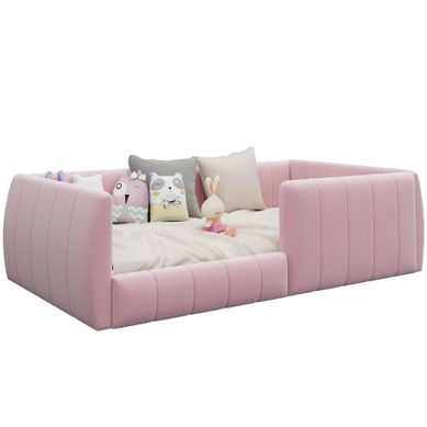Lit Enfant 90x200 Cm, Avec Lattes Et Tête De Lit Rembourrée, En Bois, Rose