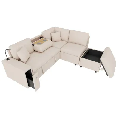 Canapé D’angle Convertible Avec Pouf De Rangement, Table Rabattable Et Lampe De Lecture