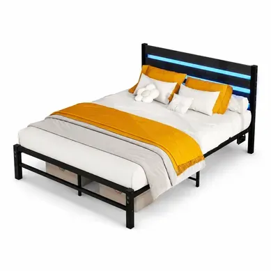 Lit Adulte 140x200 Cm Avec Tête De Lit Et Lattes, Ports USB Et Type-c, En Métal, Noir Lit Adulte 140x200 Cm Avec Tête De Lit Et Lattes, Ports USB Et Type-c, En Métal, Noir
