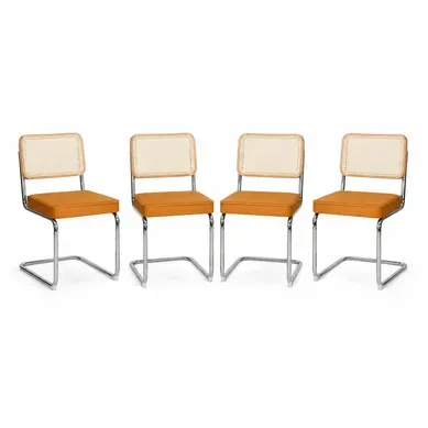 Lot De 4 Chaises De Salle à Manger En Velours Et Rotin, Structure Chrome, Orange Lot De 4 Chaises De Salle à Manger En Velours Et Rotin, Structure Chrome, Orange