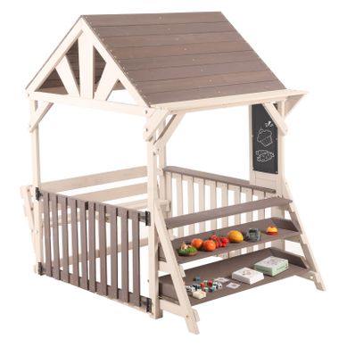 Cuisine D'extérieur Enfant Avec Toit Imperméable Et étagère, En Bois, Gris Et Beige Cuisine D'extérieur Enfant Avec Toit Imperméable Et étagère, En Bois, Gris Et Beige