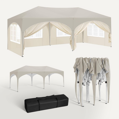 Tonnelle Pliante 3 X 6 M Beige En Métal Et Tissu Oxford, 6 Parois, Hauteur Réglable Tonnelle Pliante 3 X 6 M Beige En Métal Et Tissu Oxford, 6 Parois, Hauteur Réglable
