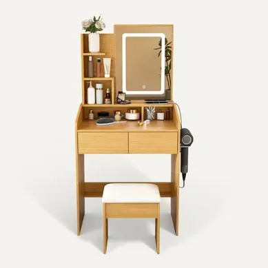 Coiffeuse Compacte 60x130x36 Cm Avec Miroir LED, Prise Intégrée, Tabouret Rembourré, Couleur Bois